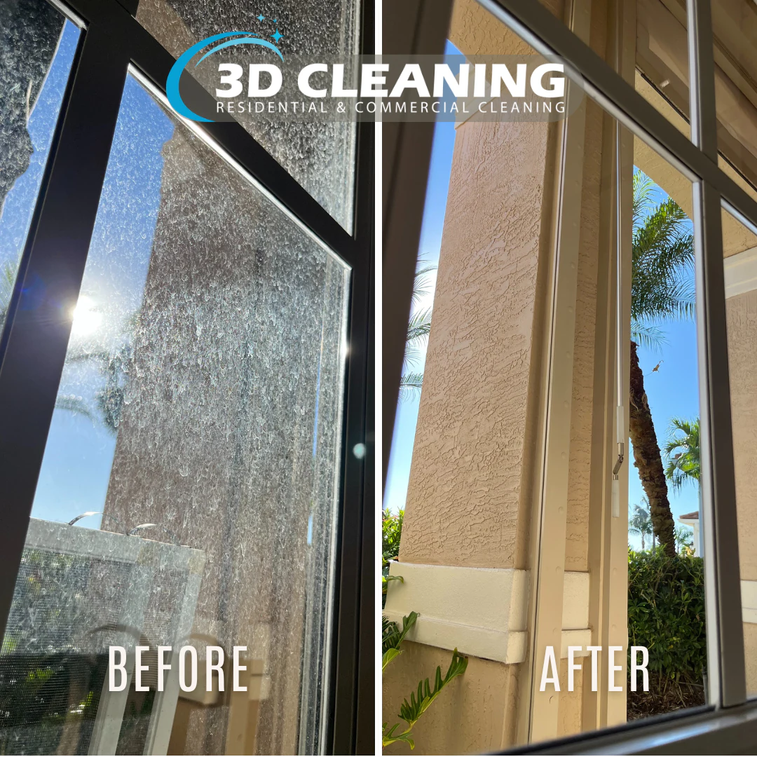 Before and after of a window cleaned by 3D Cleaning